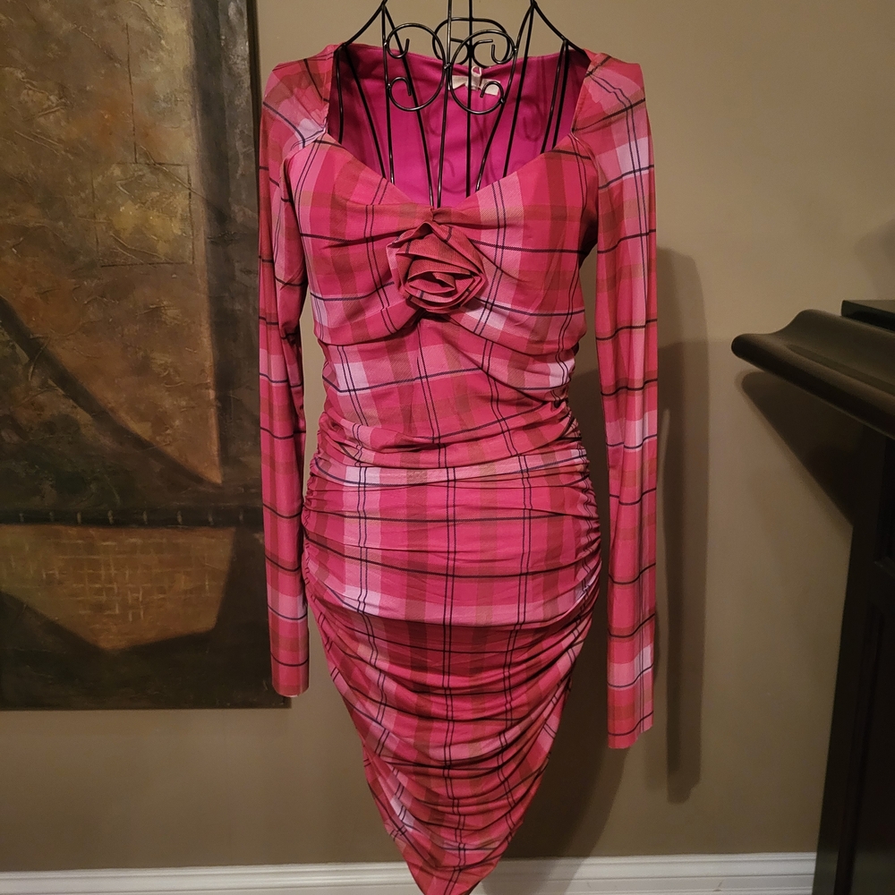 Pink Plaid Long-Sleeve Ruched Dress with Rose Detail